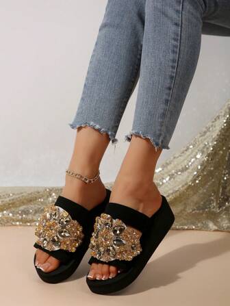 Women's Fashion Thick Sole Sandals, Bling Rhinestone Decor Comfortable Slip-On Wedge Sandals, Versatile
