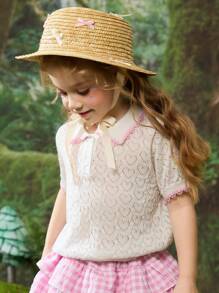 Girl's Polo Collar Short Sleeve Hollow Heart Knitted T-Shirt - Beige - View 8