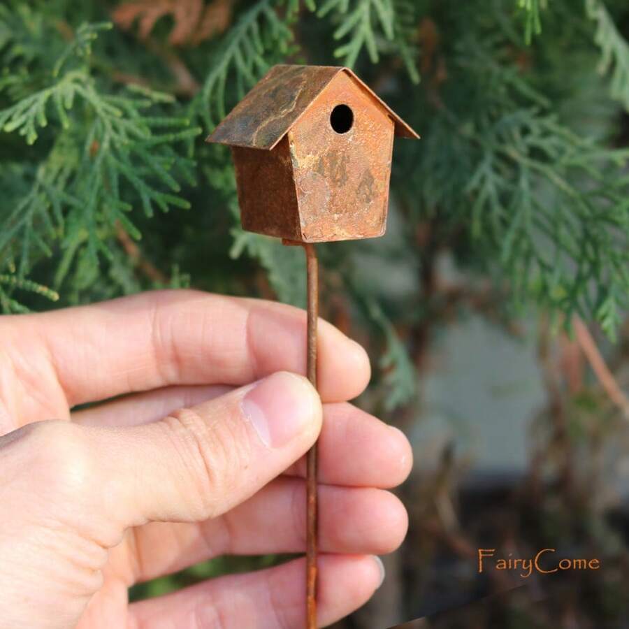 1pc Miniature Rusty Bird House Pick Fairy Garden Miniatures Vintage Birdhouse Rustic Mini Ornaments Home Garden Decor Accessories - Birdhouse Pick E - View 1