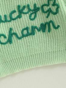 Suéter de punto con cuello redondo y manga larga con bordado de letras de trébol para bebé pequeño - Verde - Ver 7
