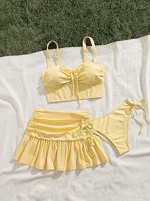 Butter Yellow Cute And Simple 3-Piece Set: Drawstring Tie Waist Fitted Ruffle Hem Swimsuit Cover Up Dress, Casual Beach Holiday Vacation Basic Versatile Suitable For Young Women