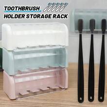 Bathroom Wallmount Toothbrush Holder With Cover 5 Slots Without Drilling Home Bathroom Self Adhered Toothbrush Storage Racks Bathroom Decor Summer - Green - View 3