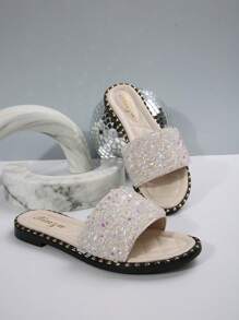 Fashionable And Luxurious Women Flat Sandals, Pearl And Rhinestone Decor Design, Round Toe In Multiple Colors, Comfortable Footwear Suitable For Stylish Outfits