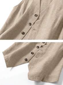 Women's Casual Summer Linen Short Waistcoat Jacket - Khaki - View 5