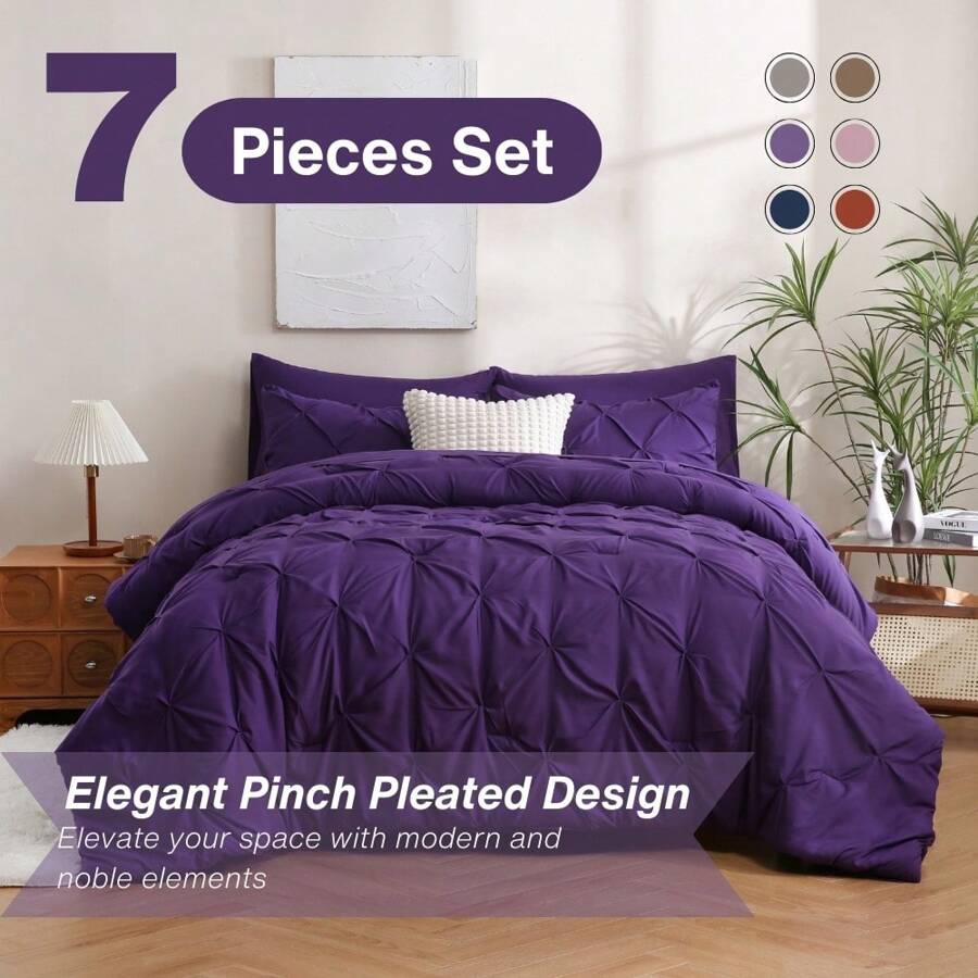 7pcs Pintuck Bed In A Bag, Pinch Pleat Complete Bedding Sets With Comforter, Flat Sheet, Fitted Sheet And Pillowcases & Shams Queen/King Size - 紫色 - 查看 1