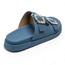 Flat Sandals With Rhinestone Buckles And Comfort Sole - Blue - View 6