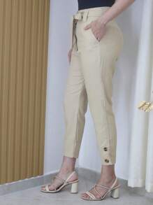 Linen Pants With High Waist Belt - 深米色 - 查看 3