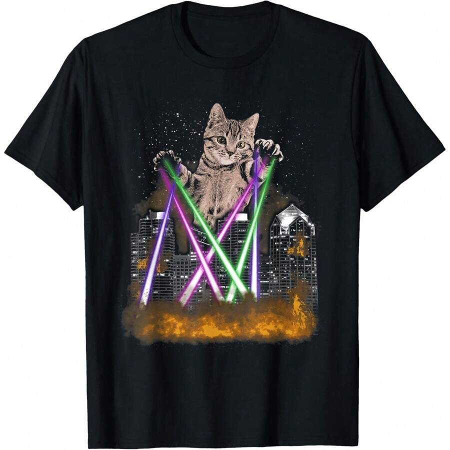 Laser Cat - Giant Kitten Destroying City Funny Cat Meme T-Shirt - Black - View 1