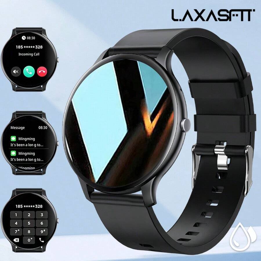 LAXASFIT 2025 新款男女智能手表，数字显示，IP68 防水，圆形表盘，塑料外壳，硅胶表带，无线通话，100 多种运动模式，天气提醒，闹钟，喝水提醒，兼容 Android 和 iPhone，情人节礼物，总统日礼物，春季促销