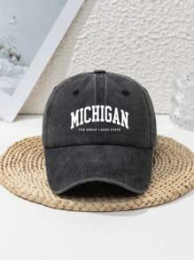 1pc Unisex Casual "Michigan The Great Lakes State" Washed Letter Printed Adjustable Baseball Cap, Outdoor Sports Fashion Streetwear Head Accessory, All Season