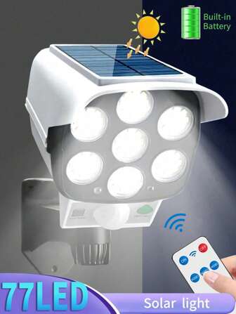 1PC/2PCS 户外运动传感器太阳能灯，2000 流明，77 个 LED 聚光灯，带遥控器，3 种功能模式，无线泛光灯假安全摄像头，适用于酒店、门廊、花园、露台、车道 - 太阳能供电和无线 - 2025 升级版 - 1200/2400mah - 遥控类型 / 非遥控类型