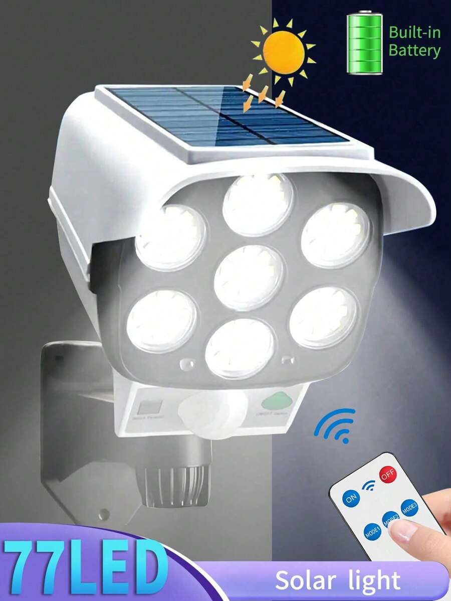 1pc/2pcs Outdoor Solar Powered Motion Sensor Light, 2000 Lumens, 77 LED Spotlights, With Remote Control, 3 Lighting Modes, Wireless Floodlight Simulating Security Camera, Suitable For Hotel, Porch, Garden, Yard, Driveway - Solar Powered, Wireless Design - 2025 Upgraded Version - 1200/2400mAh Battery - Remote Control/Non-Remote Control