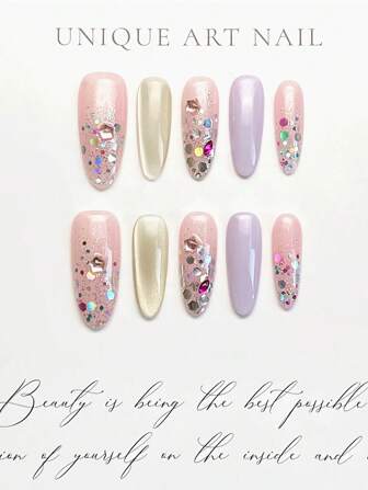 10 件 Y2K 风格杏仁形手工指甲贴纸套装，裸色和紫色，带有全息猫眼和星形箔元素，适合女士和女孩，非常适合派对、舞会和日常佩戴，附带工具按压指甲美甲用品指甲