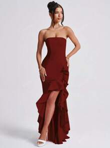 Sexy Strapless Asymmetrical Hem Fitted Party Dress, Wedding Guest Cocktail Dress