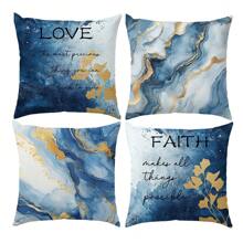 4 pièces Ensemble de taies d'oreiller simples et quotidiennes au motif bleu doré marbré, en tissu velours pêche imprimé sur un côté, 45*45CM/18*18 pouces. Housse de coussin pour décoration de canapé moderne d'intérieur, décoration de fête, cadeau