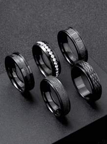 5pcs Stainless Steel Black Ring Set Unisex 6mm Wide Anxiety Ring Fashion Punk Style Gothic Jewellery Diablo Style Rhombus Lattice Pattern Frosted Craft Rhinestone Suitable For Couples Ring Holiday Gift Carnival Accessories - 5pcs Ring - View 2