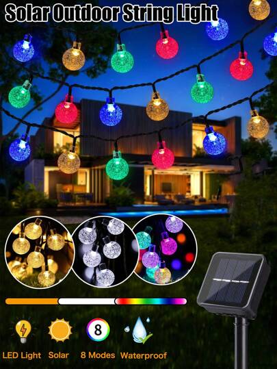 20/50/100 LED Solar Powered String Lights, 5m/7m/12m Crystal Ball Bubble Lights, Waterproof Outdoor Solar Fairy Lights With 8 Flashing Modes, Suitable For Garden, Camping, Patio, Wedding, Halloween And Christmas Decoration