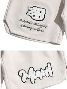 Men's Summer Letter Flocking Casual Shorts, Versatile Loose Fit Drawstring 5-Inch Workout Pants, Fall/Winter - Beige - View 4