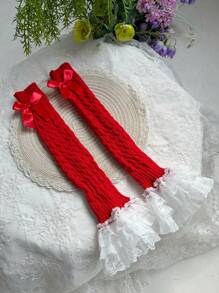 Un par de calentadores de piernas para mujer de primavera y verano cálidos con encaje y moño, lindos calentadores de piernas estilo lolita