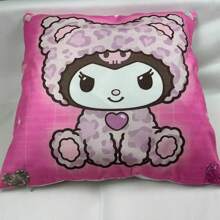 Sanrio 1pc Sanrio Kuromi X Hello Kitty Cartoon Decorative Pillow Cover, Featuring Asymmetrical Lines Design With Kuromi In Furry Coat, Cute And Minimalist Style, Soft Material, Removable And Washable, Size: 40x40cm, 45x45cm, 50x50cm (No Filler), Single-Sided Print, Suitable For Sofa, Car, Bedroom, Living Room