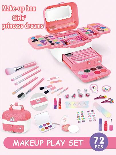 Conjunto de maquiagem de beleza para meninas de 72 peças, conjunto de decoração de princesa, inclui colar, pulseira, batom, esmalte, presentes para aniversário de crianças