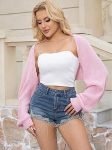 女士时尚短款粉色针织开衫，长款插肩袖，翻领设计 - 粉色 - 查看 6