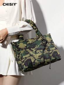 CHISIY Bolso de mano de lona con estampado de camuflaje verde, hecho a mano, con correa para el hombro, de gran capacidad, estilo casual y minimalista, unisex, adecuado para el trabajo, los viajes, las compras y los negocios, un regalo ideal para el Día de San Valentín y Año Nuevo, ideal para chaquetas de plumas de otoño/invierno