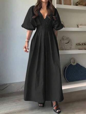 Spring And Summer Women's Casual And Fashionable Solid Color V-Neck Back Hollow Air-Quality Waist-Cinching Pleated Bat-Sleeve Elegant Long Large A-Hem Dress