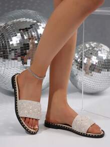 Fashionable Luxury Women Flat Sandals, Pearl And Crystal Decorated Design, Round Toe Style In Multiple Colors, Comfortable Footwear Suitable For Stylish Outfits