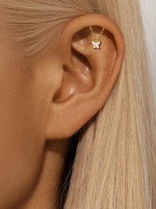 1PC 925 Sterling Silver Butterflies Flowers Chain Stars Flat Back Cartilage Tassel Helix Piercing Fine Jewelry For Daily Wear Wedding Party Engagement Anniversary Valentine's Day - Gold - View 12