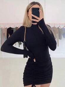 長袖シャーリングボディコンドレス女性タートルネック包帯ミニドレス秋黒スキニーストレッチパーティー Vestidos - ブラック - チェックする 1