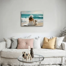 1pc Beach Vintage Decoration Prints Poster A Woman And Her Dog On The Beach Wall Art Decoration For Living Room Bedroom Bathroom Kitchen Apartment Hotel, Artful Home Decoration - Framed, Horizontal