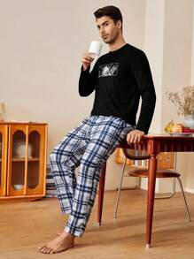 2-Pack Men's Classic Plaid Pajama Set - Long-Sleeve Top & Long Pants, Soft & Comfortable Sleepwear For Spring & Summer, Perfect For Home, Lounge, Or Cozy Nights - 黑色火箭 - 查看 4