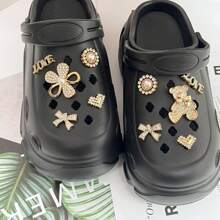 10pcs DIY Shoe Decorative Charms, Asymmetric Sparkling Bear Flower Bow Decor, Imitation Metal Non-Fading Y2K Fashion Versatile Cute Personalized Suitable For EVA Sandals, Slippers, Garden Shoes, Removable Shoe Surface Decor, Holiday Gifts