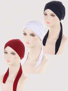1pc Solid Color Linen Crystal Stripe Long Tail Turban Hat, Cancer Headscarf For Women Halloween - A - View 5