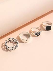 4pcs Black Cross-Shaped Oil Drop Rings, Chain Heart Angel Alloy Rings - Antique Silver - View 5