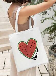 1pc Personalized Custom Name Watermelon Heart Canvas Tote Bag, Large Capacity Shoulder Bag For Women, Reusable Shopping Bag, Washable, Suitable For Travel And Daily Commuting, A Must-Have For Summer Beach Vacation
