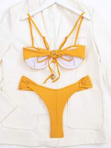 New European & American Style Solid Color Bikini Set, Perfect For Beach Holiday, For Summer Vacation - Burnt Orange - View 2