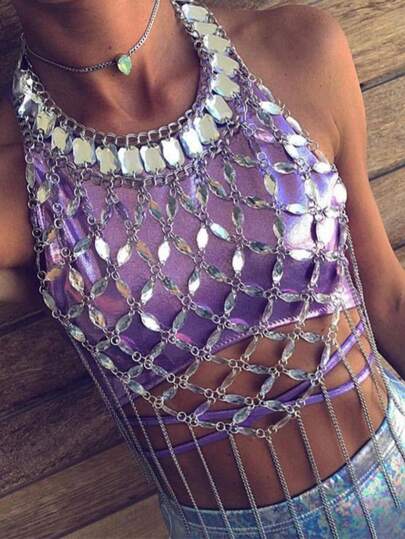 Nuevo pecho de cadena hecho a mano con borlas de cristal de acrílico, collar de cadena corporal para mujer