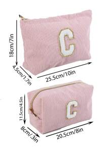 2pcs Pink Minimalist Embroidered Letter Corduroy Makeup Pouch, Large Capacity Portable Handbag Travel Cosmetic Bag, Mother's Day Gift - Pink - View 8