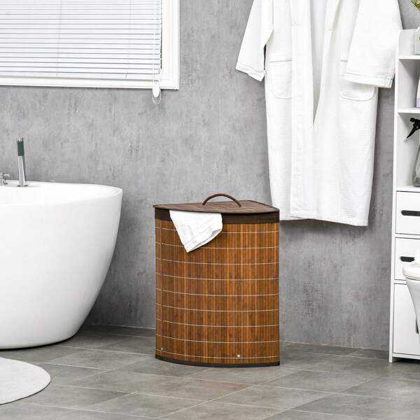 HOMCOM Bamboo Laundry Basket With Lid, 55 Litres Laundry Hamper With Removable Washable Lining,  Corner Washing Baskets, 38 X 38 X 57cm, Brown