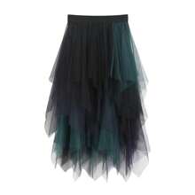 Tulle Skirts For Women Solid Color Layered High Low Asymmetrical Midi Length Elastic Waist Mesh Tutu Skirt For Party, Vacation, Daily Wear - Green - View 2