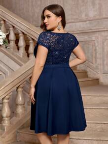 Plus Elegant V-Neck Contrast Sequin Floral Lace Prom Cocktail Party Swing Dress, Wedding Guest Dress, For Birthday, Graduation, Homecoming - Navy Blue - View 2