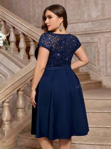 Plus Elegant V-Neck Contrast Sequin Floral Lace Prom Cocktail Party Swing Dress, Wedding Guest Dress, For Birthday, Graduation, Homecoming