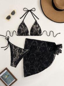 Vacation Beach 3pcs Set - Sexy Lace Bikini Top, Sarong & Skirt - Black - View 1