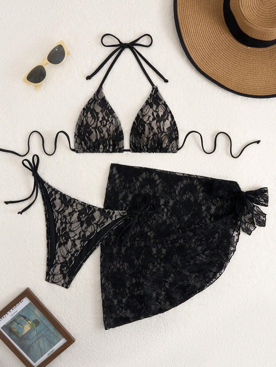Vacation Beach 3pcs Set - Sexy Lace Bikini Top, Sarong & Skirt - Black - View 1