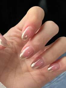 24 Peças Adesivos de Unhas Curtas Ovais em Branco Leitoso Ombré, Unhas Postiças Estilo Japonês com Pó Espelhado Degradê Rosado, Acompanha 1 Peça de Gel Gelatinoso e 1 Peça de Adesivo de Unhas, Suprimentos de Unhas - Multicolorido - Visão 4