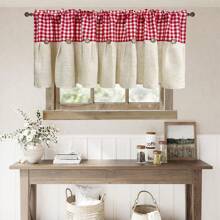 1PC Of Pastoral Style Red Plaid Splicing Kitchen Curtains, Small Window Curtains, Small Short Curtains, Button Decoration Special Design Door Curtains - Red - View 9