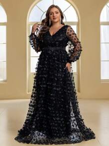 YISIKADO 加大码 V 领网眼蝴蝶优雅时尚长袖音乐会婚礼女士连衣裙生日舞会派对、长袍、正式、晚会、婚礼宾客 - 黑色 - 查看 2