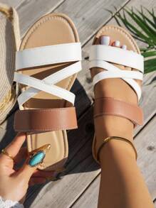WRCVS White Women Sandals, Solid Color Strap Youth Style Thong Sexy Sandals, Lightweight Flat Casual Shoes, Hook And Loop Closure, Suitable For Party, Beach